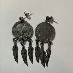 Buffalo Nickle Silver Coin Dangle Earrings with Feather Charms